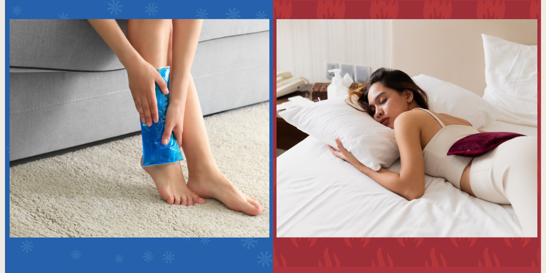 Une cheville avec une compresse froide et une femme allongée sur le ventre avec une compresse chaude sur le dos.