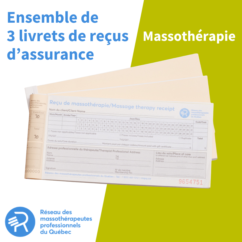 Massothérapie - 3 livrets de reçus d'assurance RMPQ