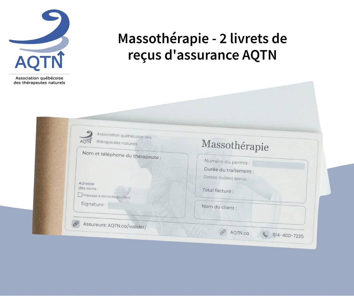 Massothérapie - 2 livrets de reçus d'assurance AQTN